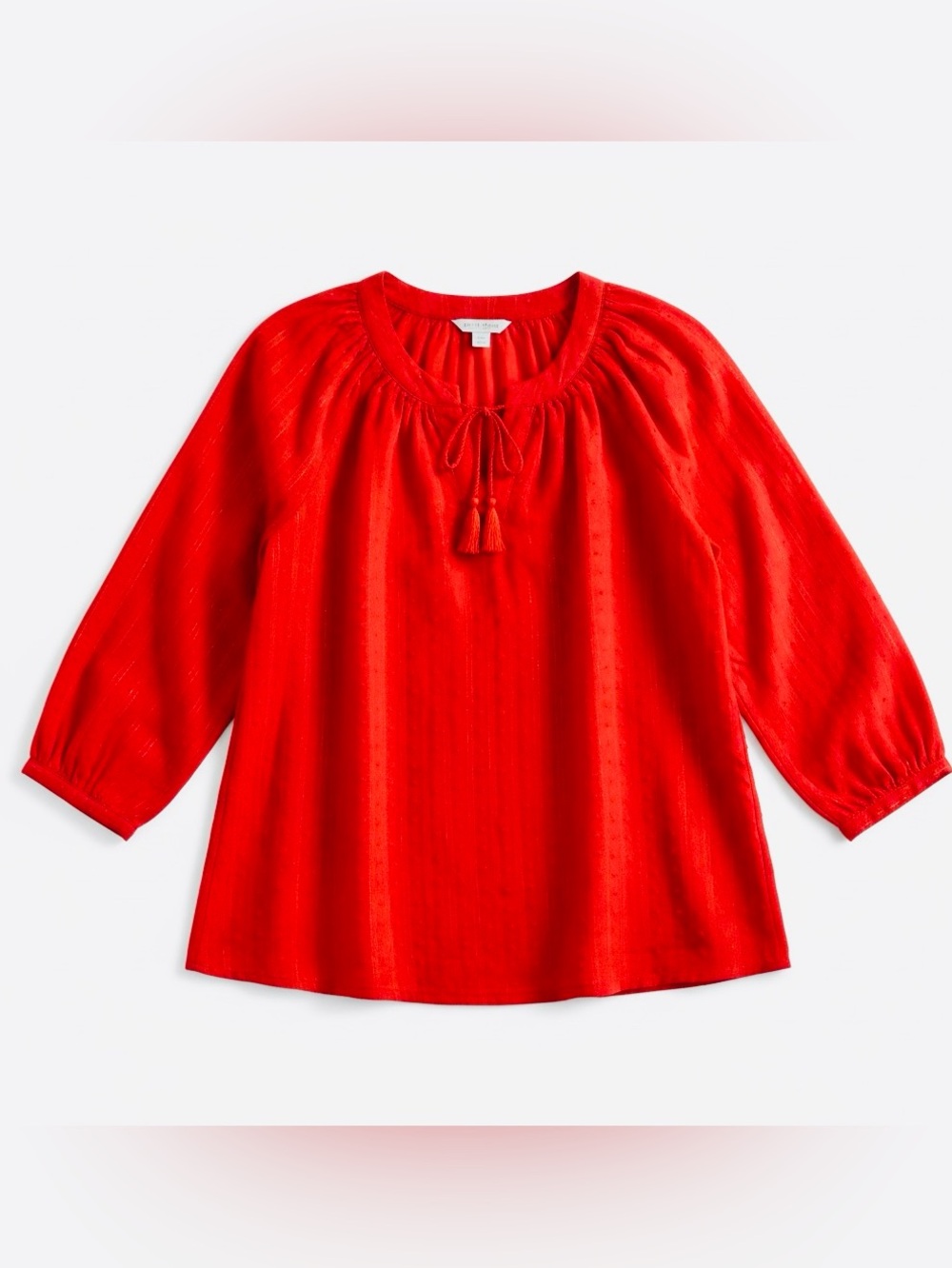Old Navy Size L Holiday Red & Gold Threaded Clip Dot Tassel Tie-Neck Top
